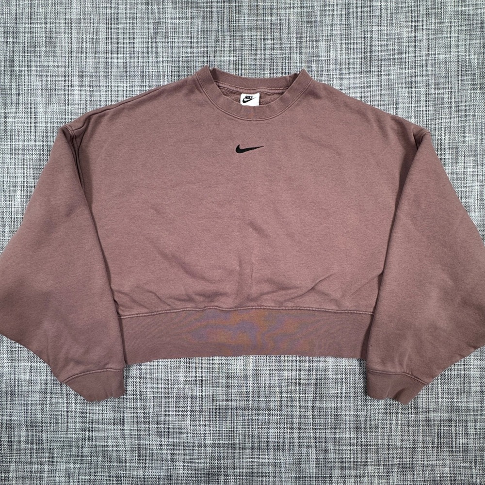 Nike Womens Small Oversized Cropped Sweatshirt Mauve Crewneck Fleece Swoosh